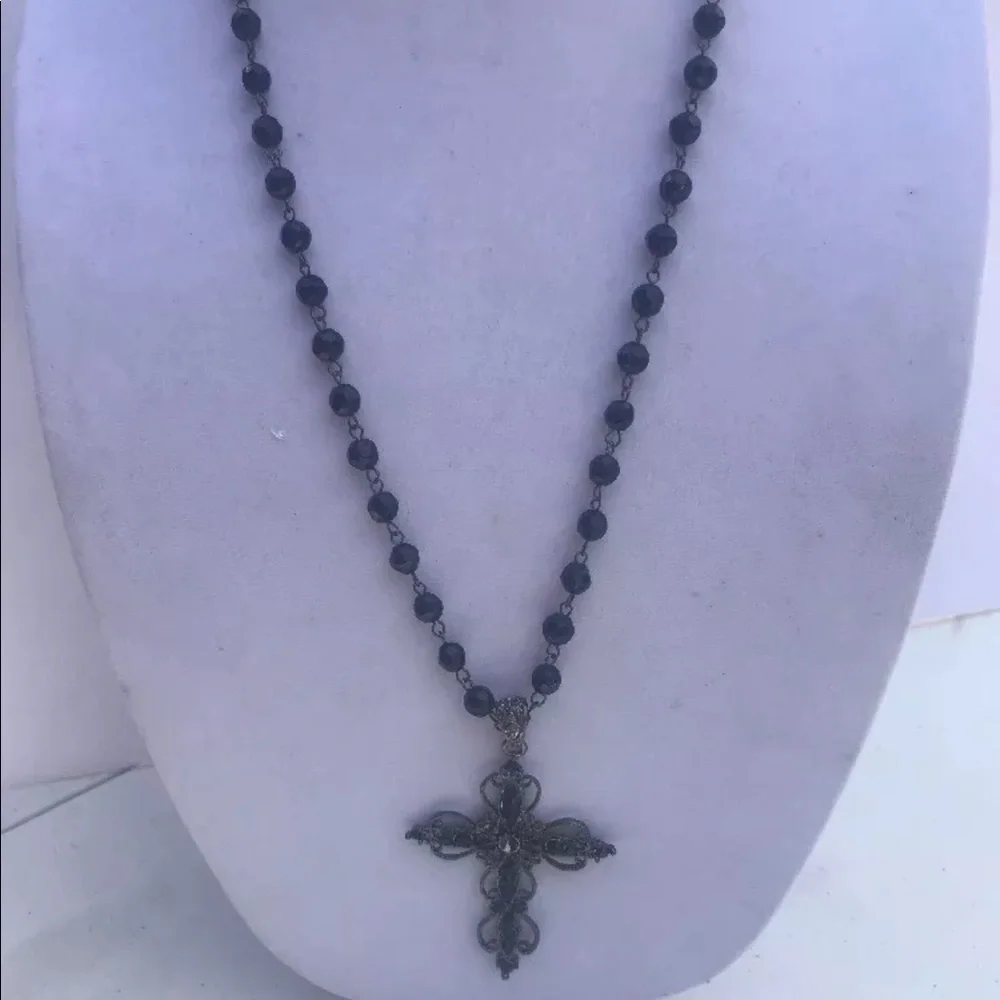 Cross necklace black beads Long rosary‎ style